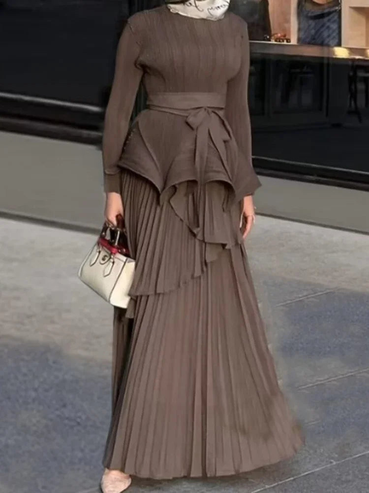 Pleated 2 Piece Set, Women Belt Gathered Waist Tops and Folds A-line Long Skirt Party Set.