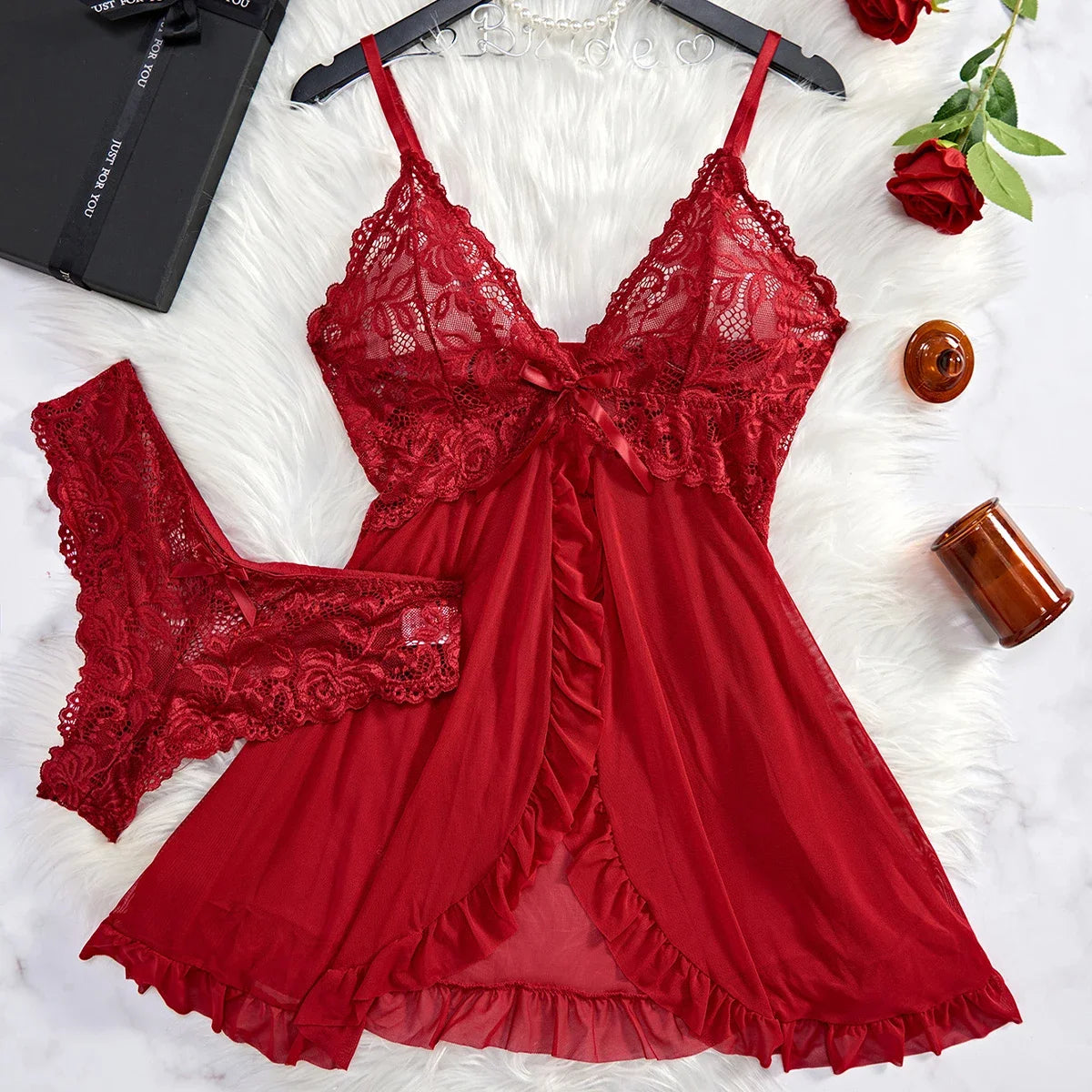 White Sexy Contrast Lace and Mesh, Ruffle Baby doll Nightgown V-neck, Open Bra, Nighties.