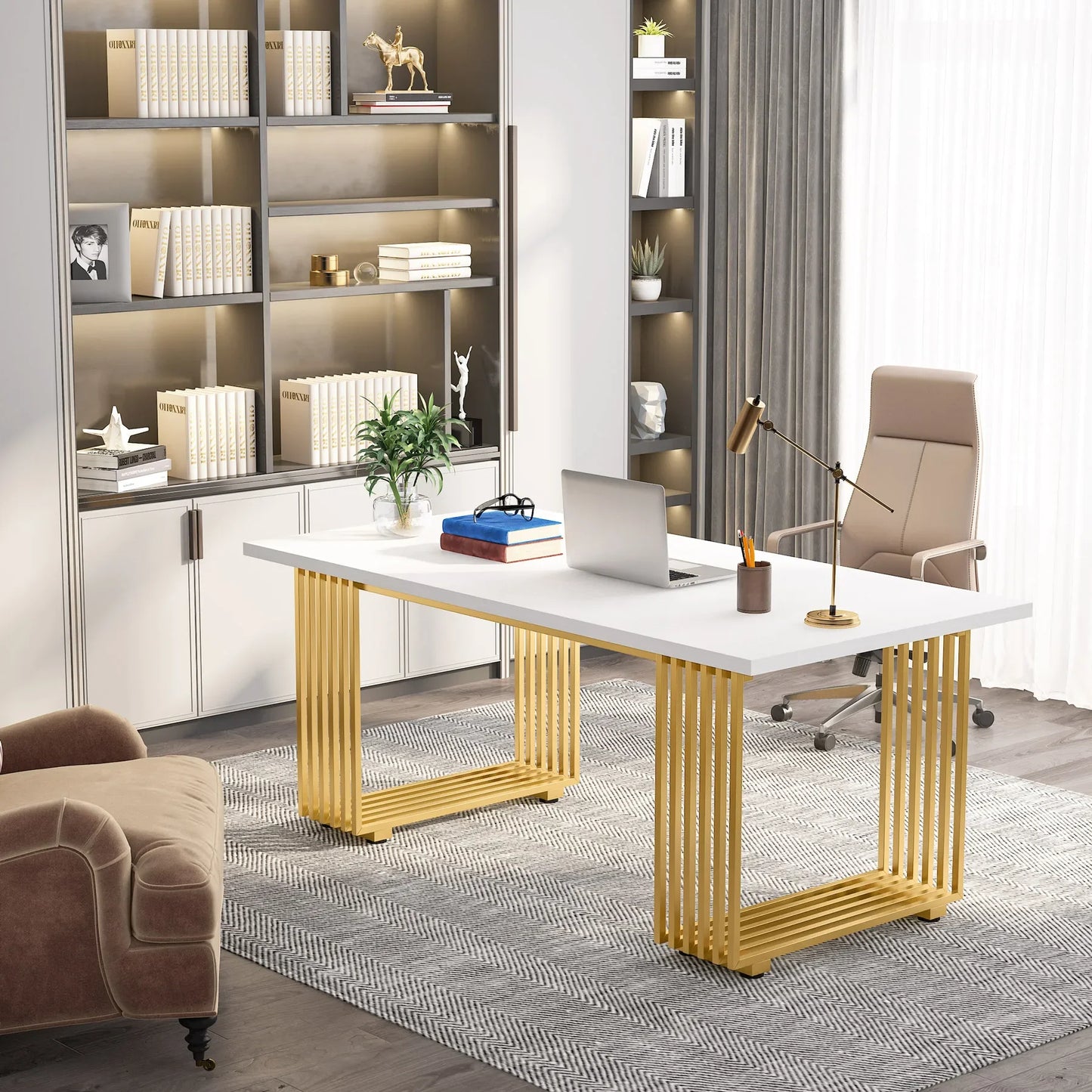 Modern Office Desk, 70.9" Wooden Computer Desk, Executive Desk with Gold Metal Legs, Large Workstation Home Office.