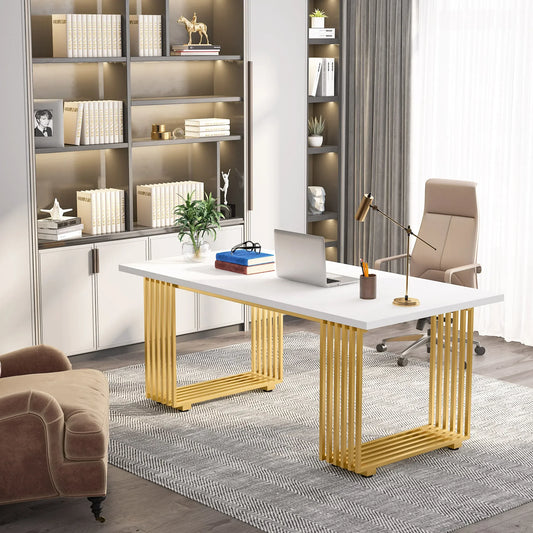 Bureau moderne, 70,9" Bois, Bureau d'ordinateur, Bureau de direction avec pieds en métal doré, Grande station de travail pour bureau à domicile.