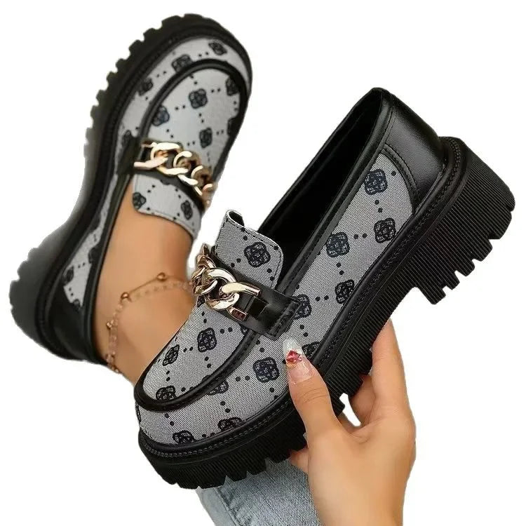 Trendy British Style Flats with Thick Heels, Leather Shoes Spring Autumn Floral Pattern.