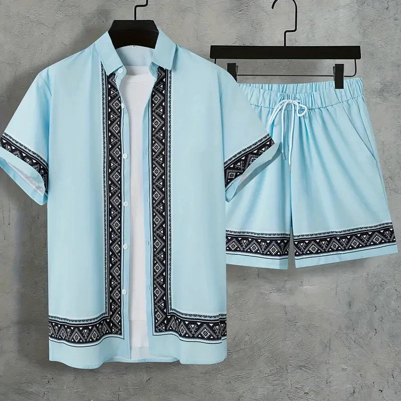New Men Summer Holiday Suit Textured Printed Shirt Short Sleeve, Two Piece Men Breathable Pool Suit.