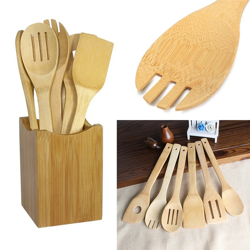 6 Pieces Bamboo Spoon Spatula, Kitchen Utensil Wooden Cooking Tool Mixing Set.
