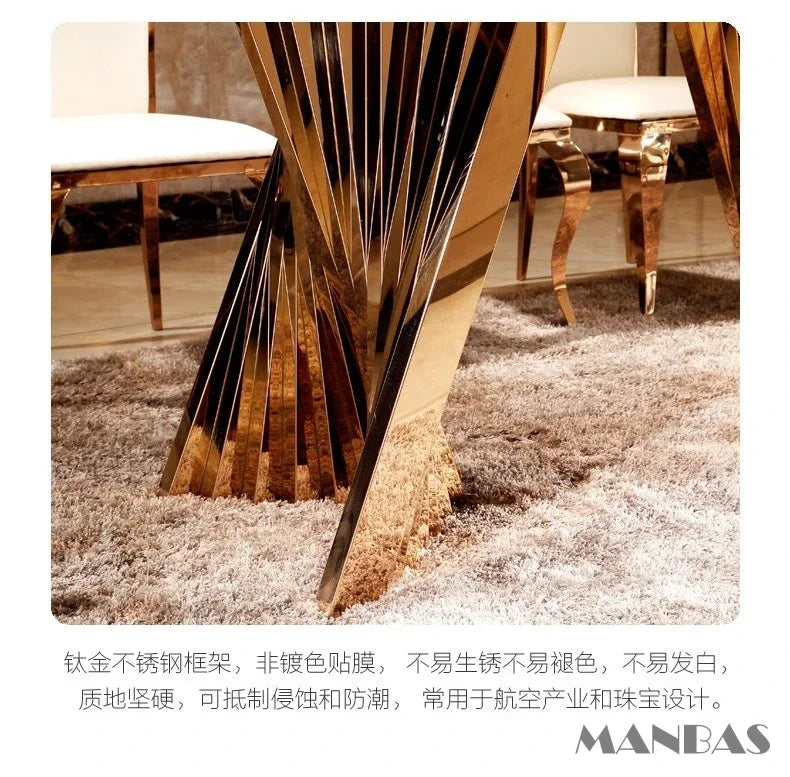 Luxury Dining Set: 6 Stainless Steel Genuine Leather, Rectangle Marble  Table