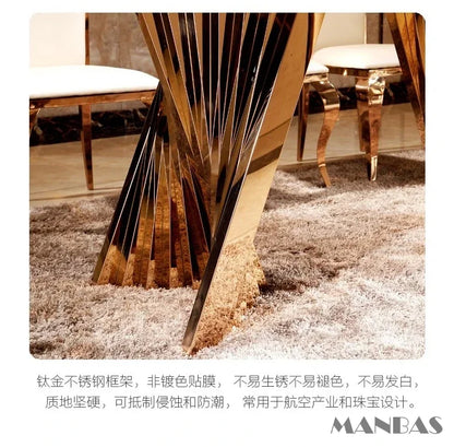 Luxury Dining Set: 6 Stainless Steel Genuine Leather, Rectangle Marble  Table