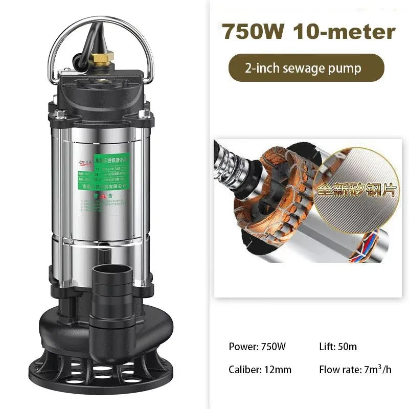 220V Submersible Pump Agricultural Pumping, Garden Tools, Drainage, Irrigation, Self-priming Sewage Pump Stainless Steel.