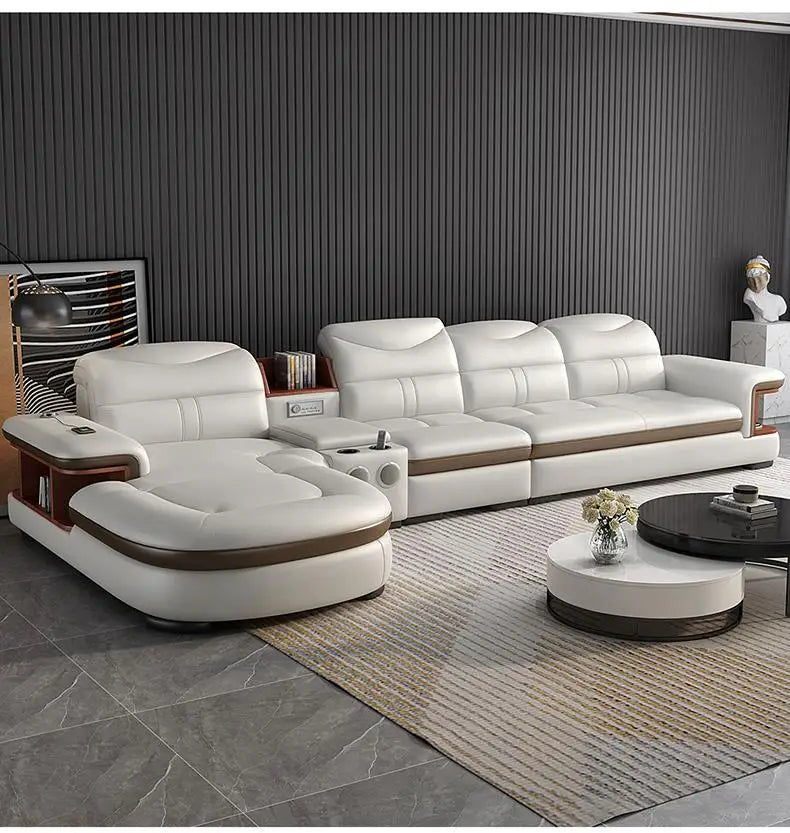 L-Shaped Sectional Sofa with Chaise, Genuine Leather adjustable headrest, Storage, USB,