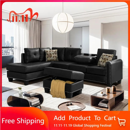 3-Piece Sectional Couch Set L Shape 98" Wide Sofa, with 2 Cup Holders, Storage Ottoman