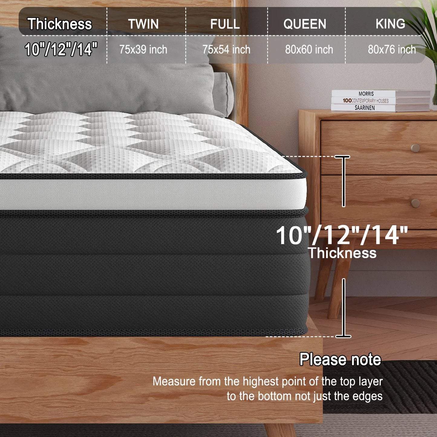12"14" Gel Memory Foam Hybrid Pocket Spring Mattress Twin, Full, King, Queen Bed Mattress In A Box, Medium Firm Motion Isolation.