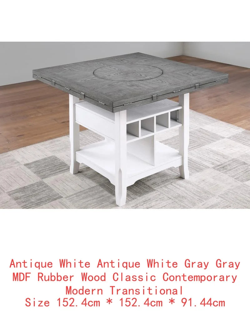 Classic 7-Piece Counter Height Dining Set, with Antique White and Gray Table, Lazy Susan, Built-in Leaf, and 6 High Chairs.