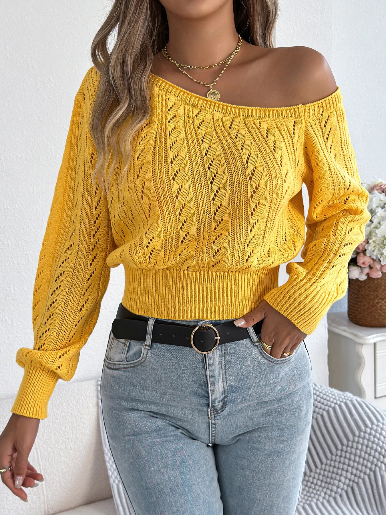 Elegant Slash Neck Off shoulder Long Sleeved Pullover Sweater for Women.