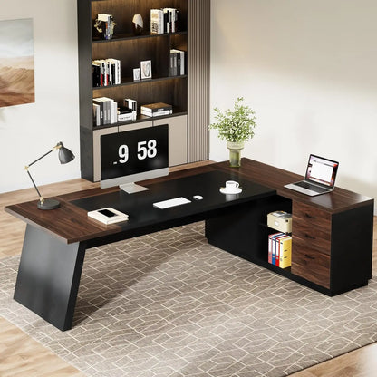 L-Shaped Executive Desk with  Drawers and Lateral File Cabinet,