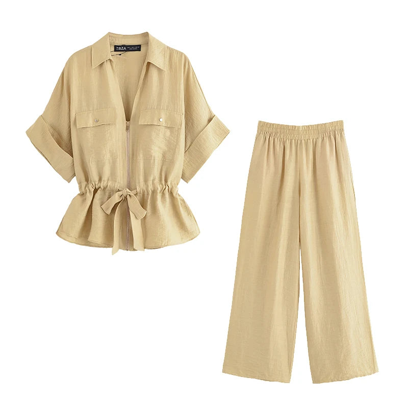 Women Fashion 2 Piece Set Solid Front Zipper Shirts & Vintage High Elastic Waist Trousers Female.