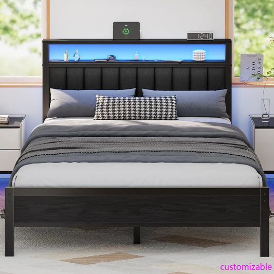 Queen Size Bed Frame with Charging Station and LED Lights, with Metal Slats, Grey Upholstered Headboard.