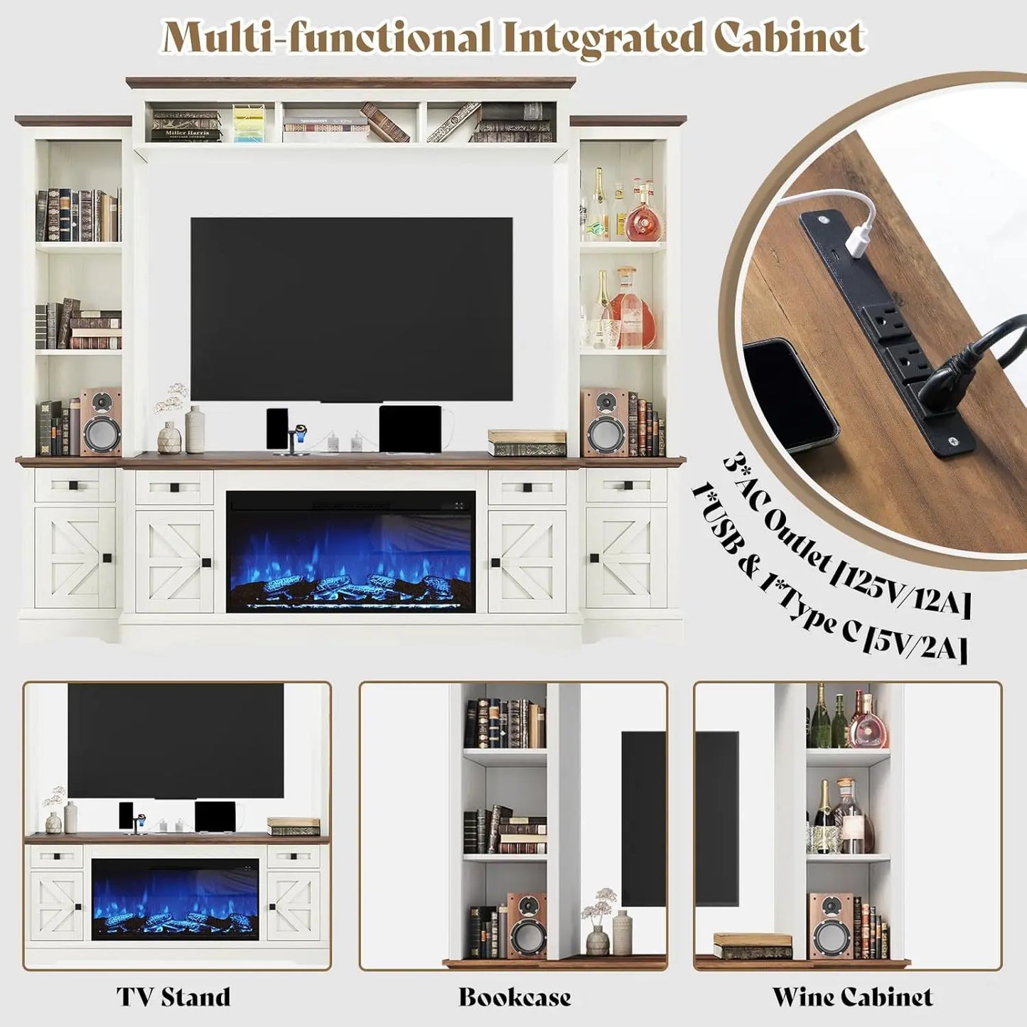 98in Farmhouse Entertainment Center with 36" Fireplace, TV Stand, Bookshelf, Wine Cabinet, Fits 75" TVs, Wall Unit Media Console.