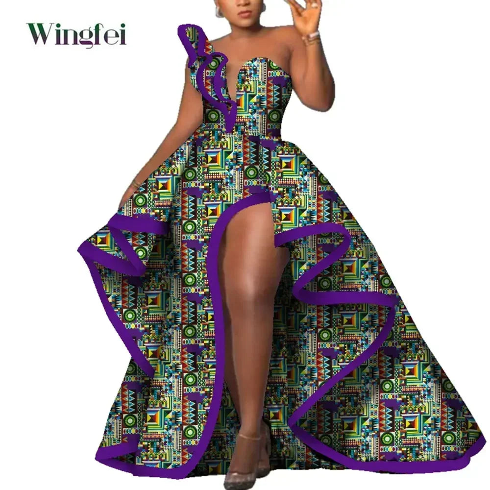 Dashiki Party Dresses Fashion Robe Floral Print Maxi, Long Strapless African Dresses for Women WY6981.