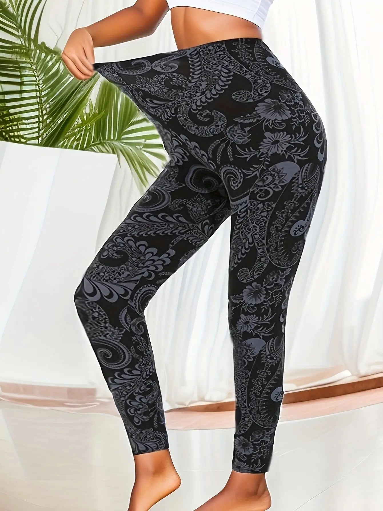 Plus Size Super Elastic Fashion Tight Pants, Black Bottom, Flower Vine pants.