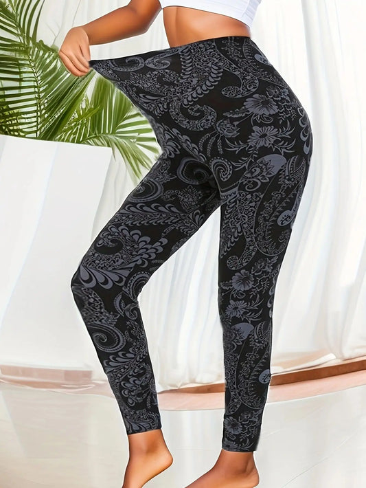 Plus Size Super Elastic Fashion Tight Pants, Black Bottom, Flower Vine pants.