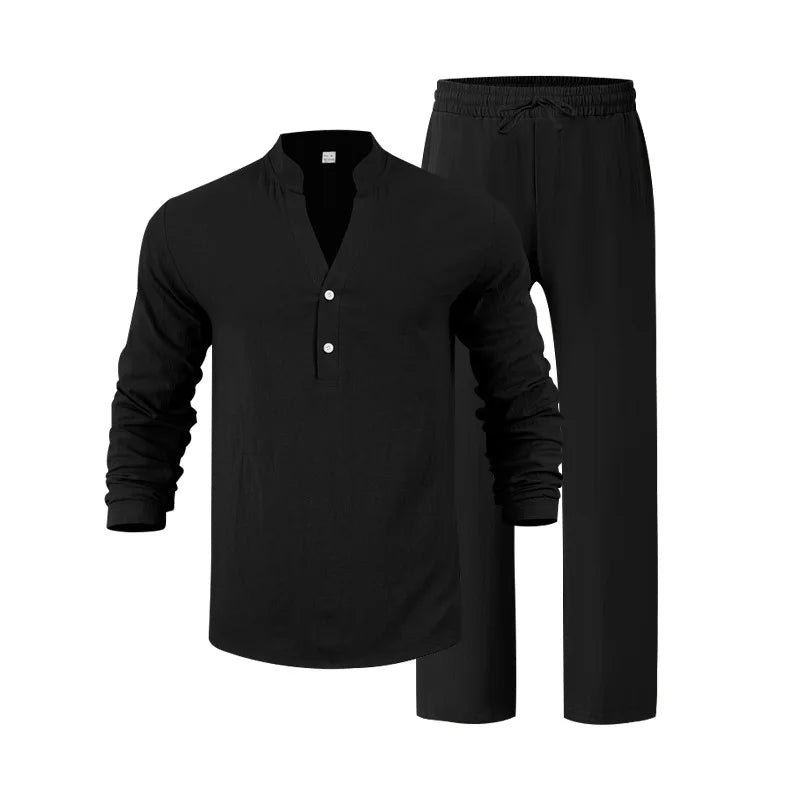 Autumn New Men Suit Style Loose Casual Breathable Henley Shirt with Straight-Leg Pants.