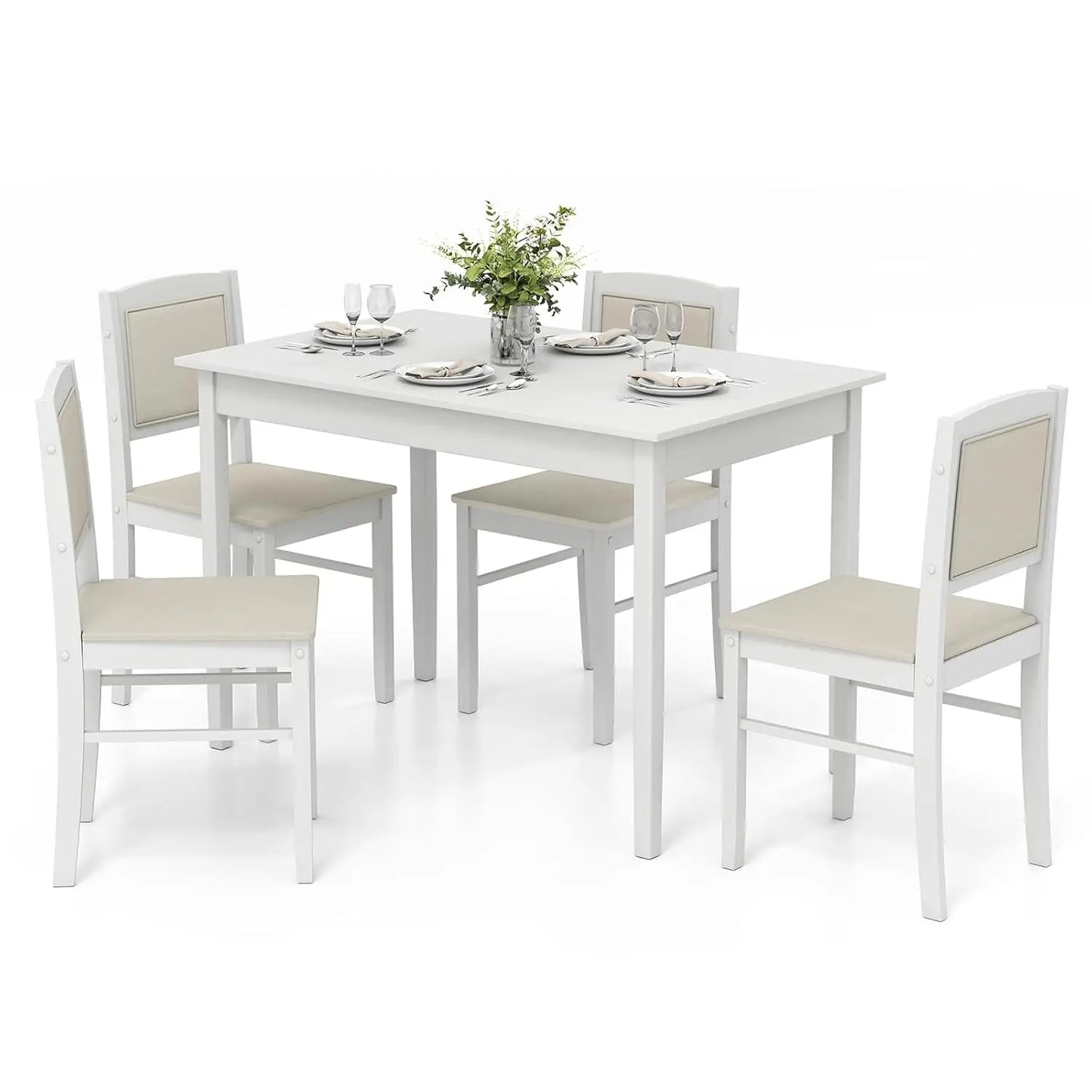Dining Table Set for 4, Farmhouse Solid Wood Dinette Set w/Rubber Wood Legs, Upholstered Seat & Padded Backrest.