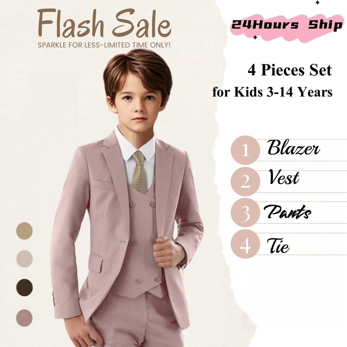 High Quality Kids Suit Set, 4-Piece Slim Fitting  Jacket, Pants, Vest, Bowtie, One Button Communion Kids Suits.