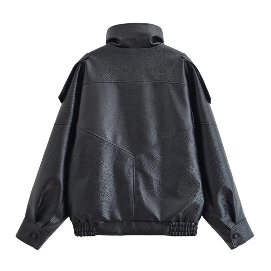 Women Fall 2025 New Black Long Sleeve Pebble Faux Leather Jacket.