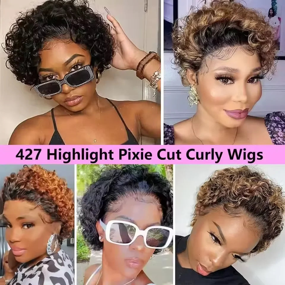 Short Pixie Cut Wig Curly Bob Lace Front Human Hair  200Density 13X1 Lace  Brazilian Wig