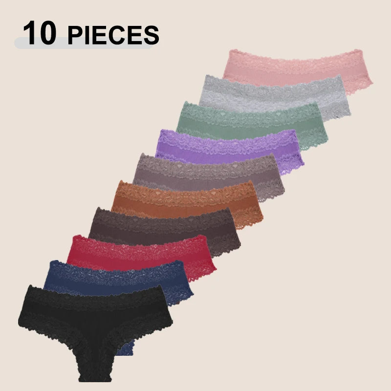 10PCS/Set Women Lace Cotton Panties, Sexy Low-Waist Brazilian Panties, Solid Color Female Underwear.