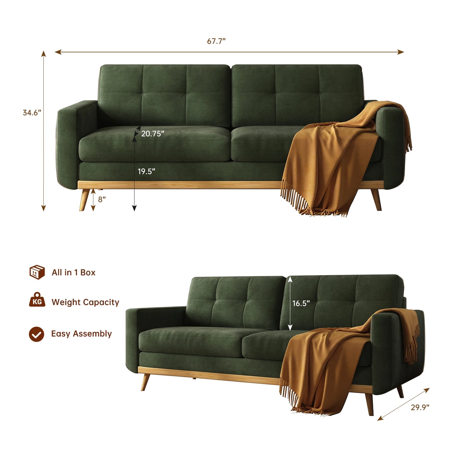 67.7-inch Mid-Century Modern Loveseat Sofa with Wooden Legs  for Living Room, Bedroom, or Office.