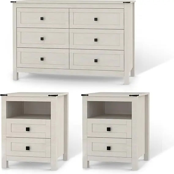 3 Pieces Bedroom Furniture Set, Rustic Wood 6 Drawer Dresser and Nightstands, Chest of Drawers.