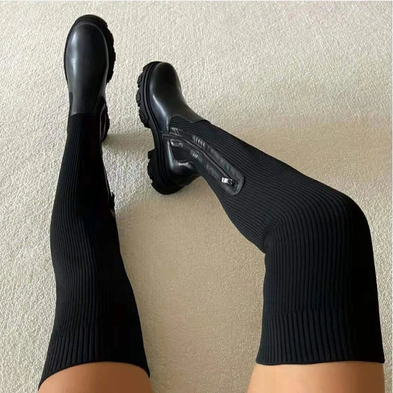 Women Thick Sole Boots, 2024 Autumn Winter Breathable Thigh High Shoes.