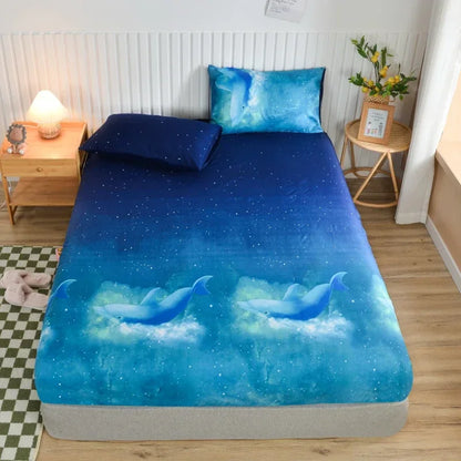 Twin Fitted Bed Sheet with Elastic Blue Flower Printed Bed Cover Single/Queen/King.