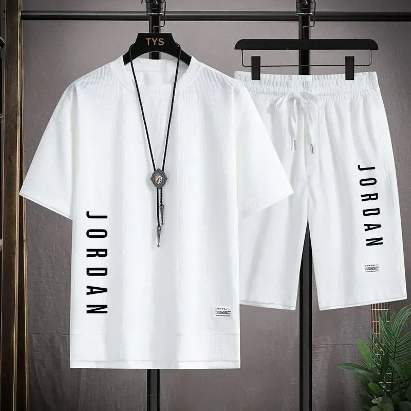 Stylish casual T-shirt + Shorts set Men Loose comfortable summer Waffle suit.
