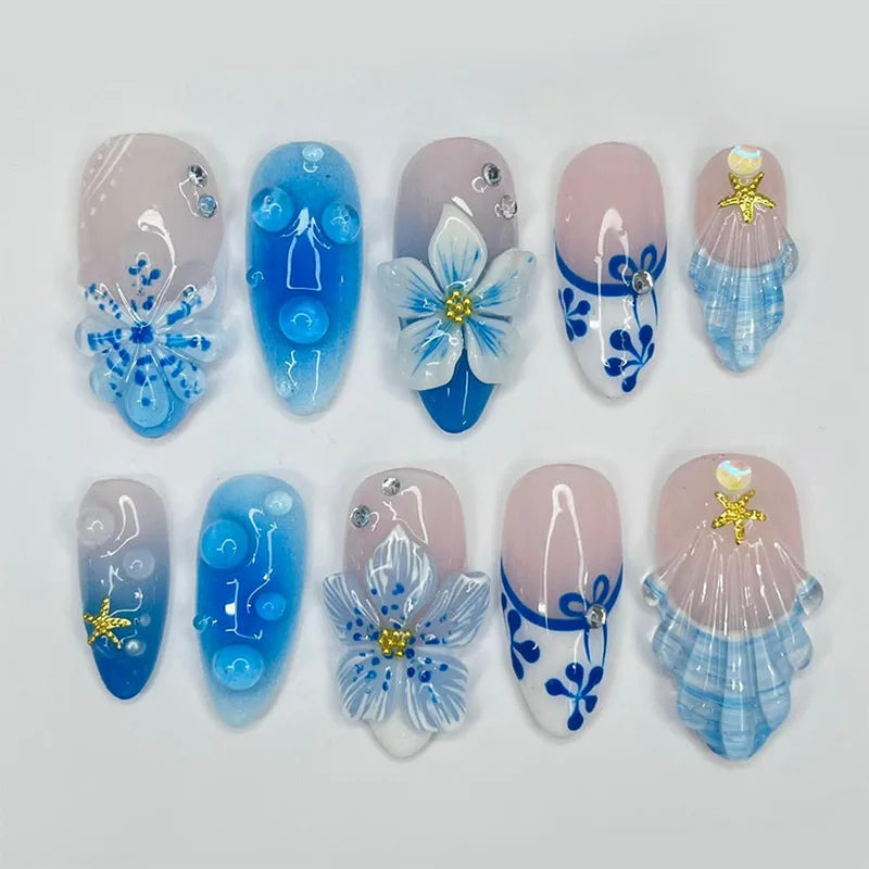 24Pcs Mid-length Almond Press on Fake Nails,3D Ripple Heart ,Pearl Star, Blue Smudge Detachable Full Cover Nails Tips.