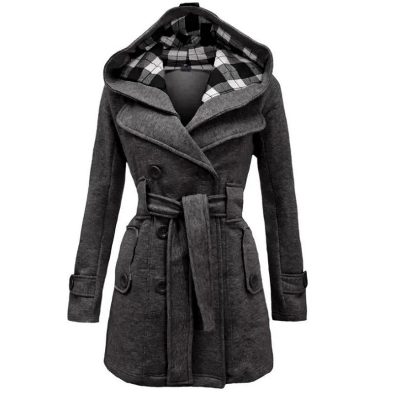 New Plaid Hooded Woolen Coat, Waist Belt Double Row Buttons, Mid-Length Outerwear.