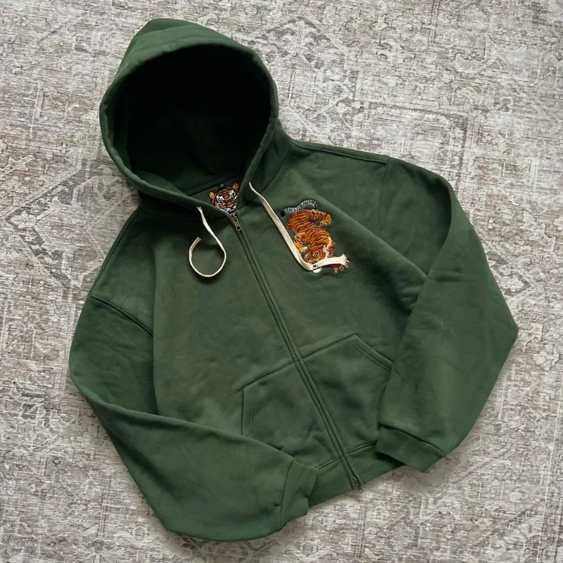 Y2K Retro Hoodie Tiger Jaw Embroidery Double Zippers Sweatshirt, Men Harajuku Trendy Casual Streetwear Unisex Oversized Clothing.