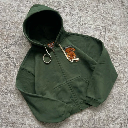 Y2K Retro Hoodie Tiger Jaw Embroidery Double Zippers Sweatshirt, Men Harajuku Trendy Casual Streetwear Unisex Oversized Clothing.