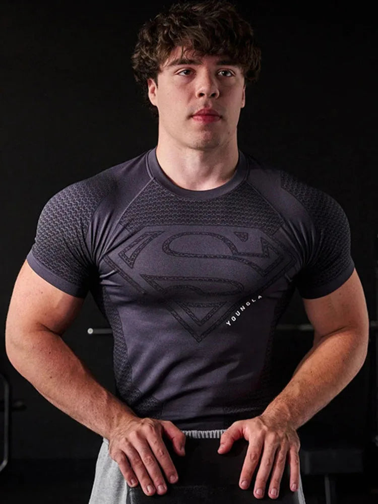 New style Men High Elastic Quick Dry Sports T-Shirt, Tight Workout Breathable Summer Short sleeve tops.