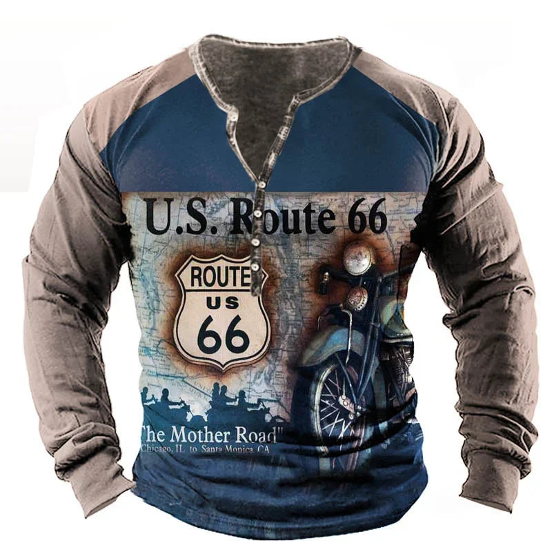 Vintage Men T Shirt Yellowstone National Park Long Sleeve Tee, Route 66 Letter Graphic.