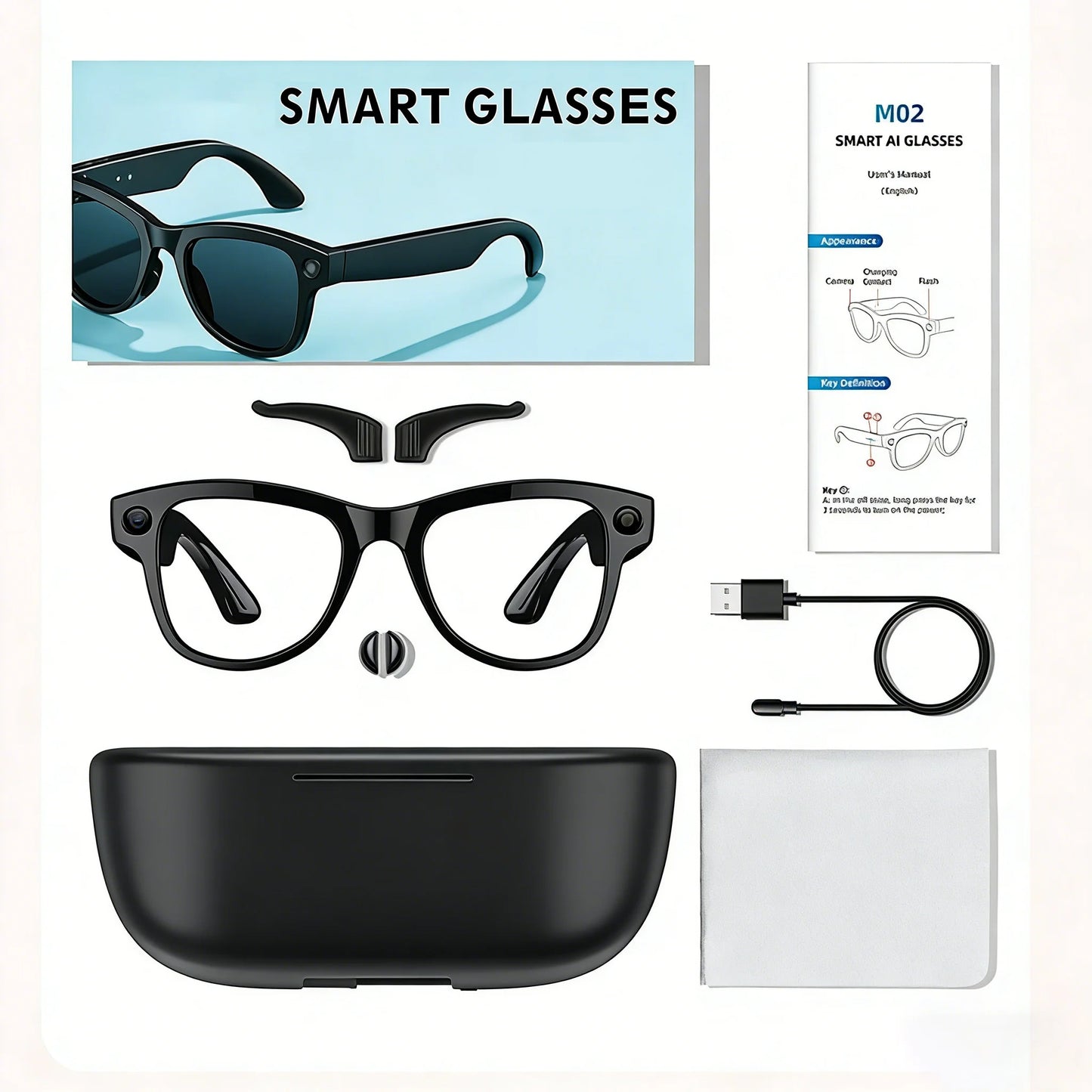 M02 AI Smart Glasses 8MP Camera, Video Recording,100+Languages Translation Sunglasses, Bluetooth Call, Music Play, with Charging Box.