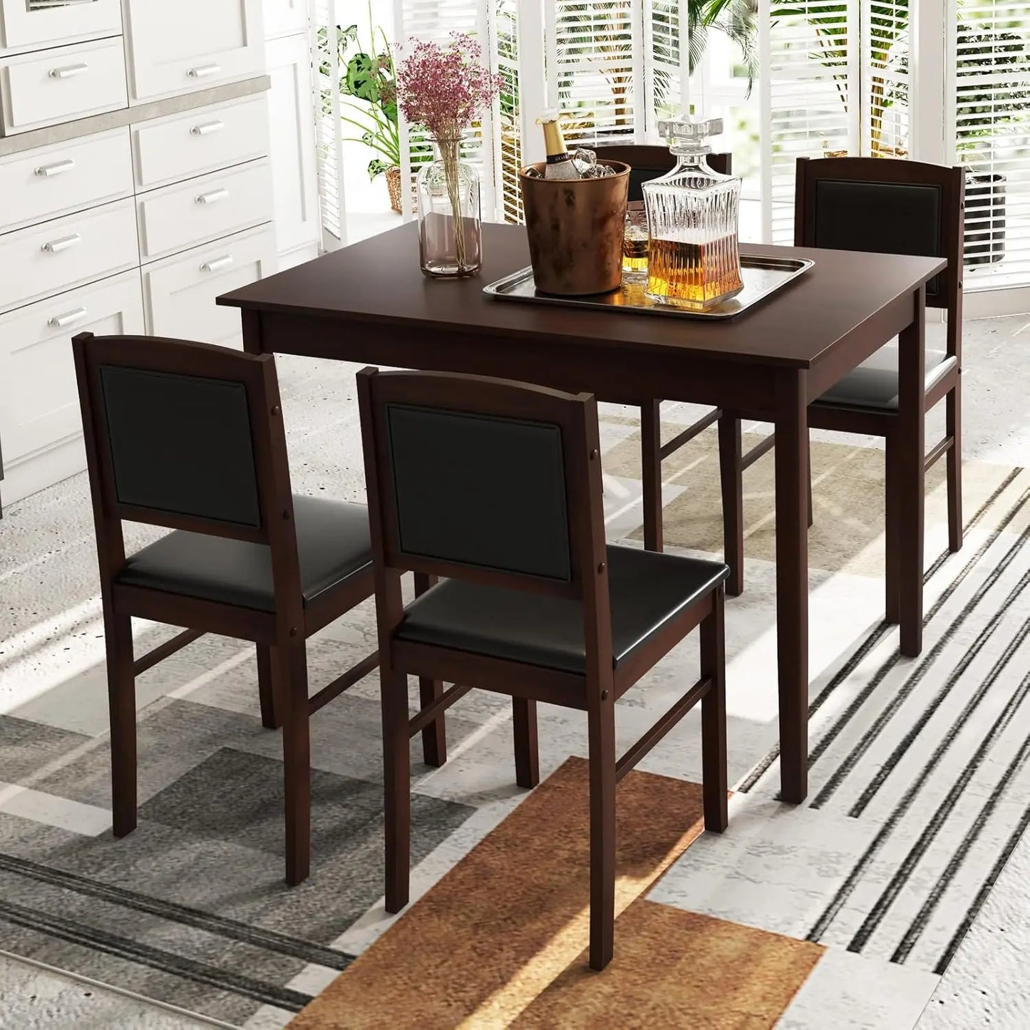 Dining Table Set for 4, Farmhouse Solid Wood Dinette Set w/Rubber Wood Legs, Upholstered Seat & Padded Backrest.