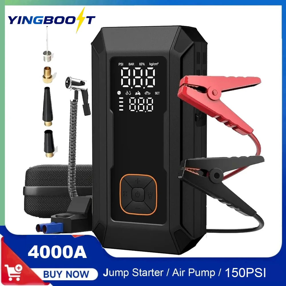 Car Jump Starter with Air Pump 4000A Auto Battery Booster &150PSI Tire Inflator.