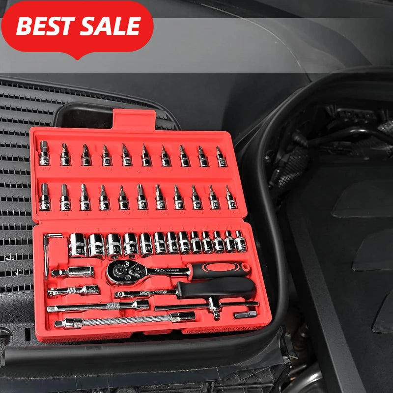 46pcs/Set Socket Wrench Diy Repair Tool Kit, Ratchet Screwdriver for Car Repair Hardware Toolbox for Auto Repairing and Household.