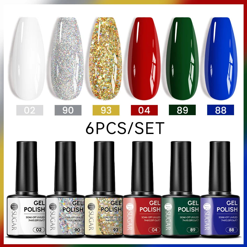 7ml All Season Gel Nail Polish Set, Nude Pink, Red Glitter, Semi Permanent UV Gel Kits.