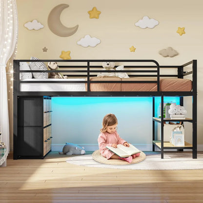 Twin Size Low Loft Bed with 6 Drawers, LED Lighting, 2-Tier Shelves, and 15-Step Safety Ladder for Kids