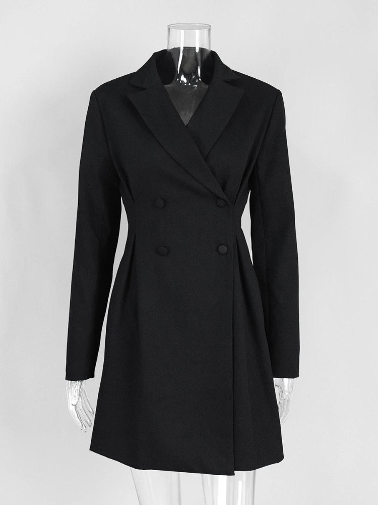 Woman Clothes Elegant Double Breasted Tunics Blazer Dresses ,Long Sleeve Buttons Solid Black Short Dress