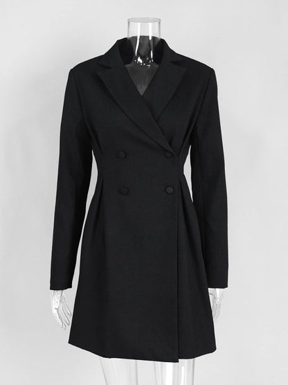 Woman Clothes Elegant Double Breasted Tunics Blazer Dresses ,Long Sleeve Buttons Solid Black Short Dress