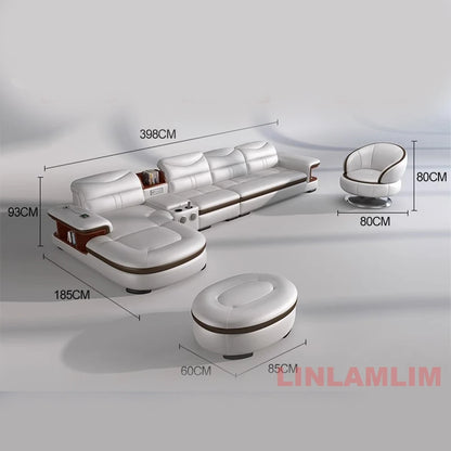 L-Shaped Sectional Sofa with Chaise, Genuine Leather adjustable headrest, Storage, USB,