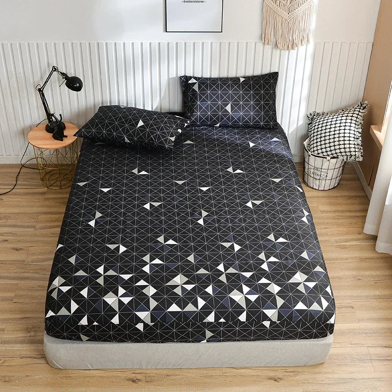 Twin Fitted Bed Sheet with Elastic Blue Flower Printed Bed Cover Single/Queen/King.