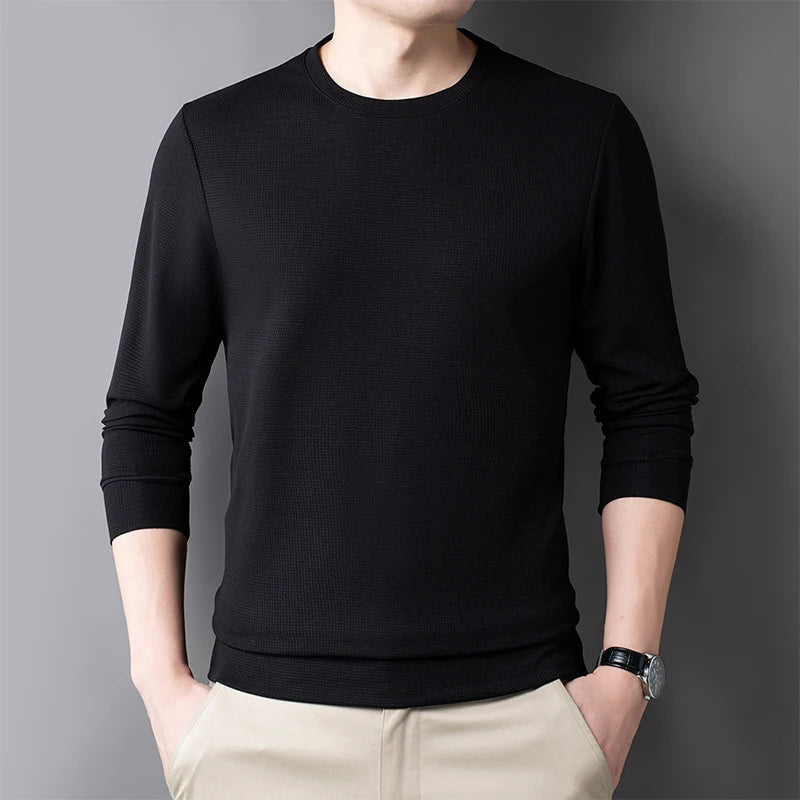 Men Casual Waffle Round Neck T-shirt Breathable, Comfortable, and Fashionable Long Sleeved T-shirt.